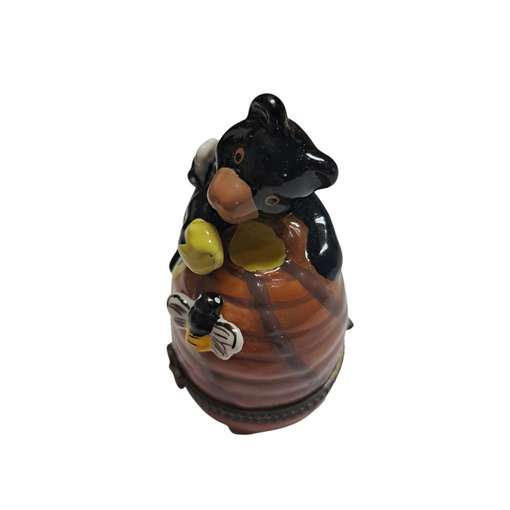 Beehive And Adorable Black Bear With Honey Bee Trinket Box With Open Close Clasp